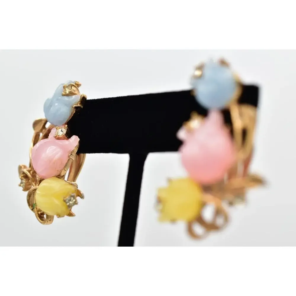 Vintage Flower Clip On Earrings Pastel Pink Yellow Blue Tulip Gold 1960s BinBK